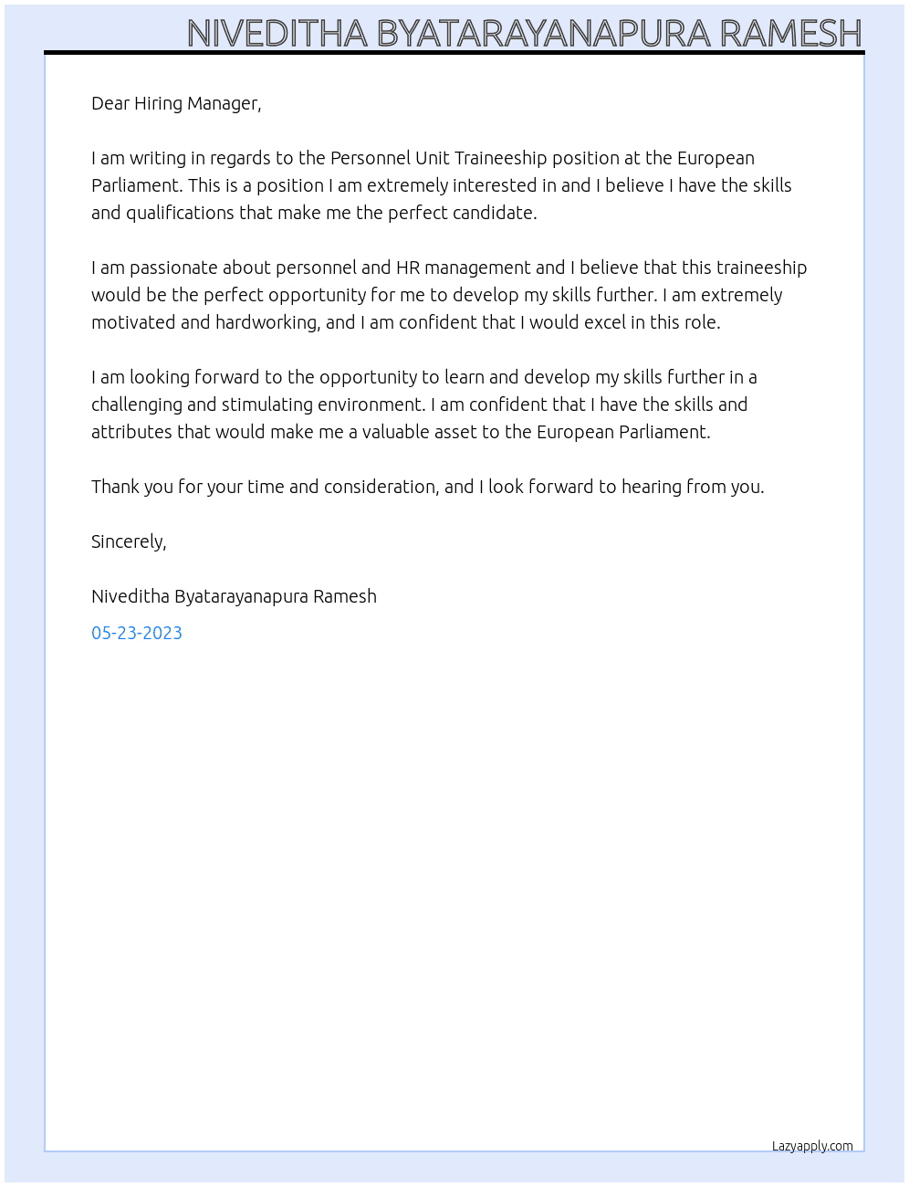 Personnel Unit Traineeship  At European Parliament  Cover Letter