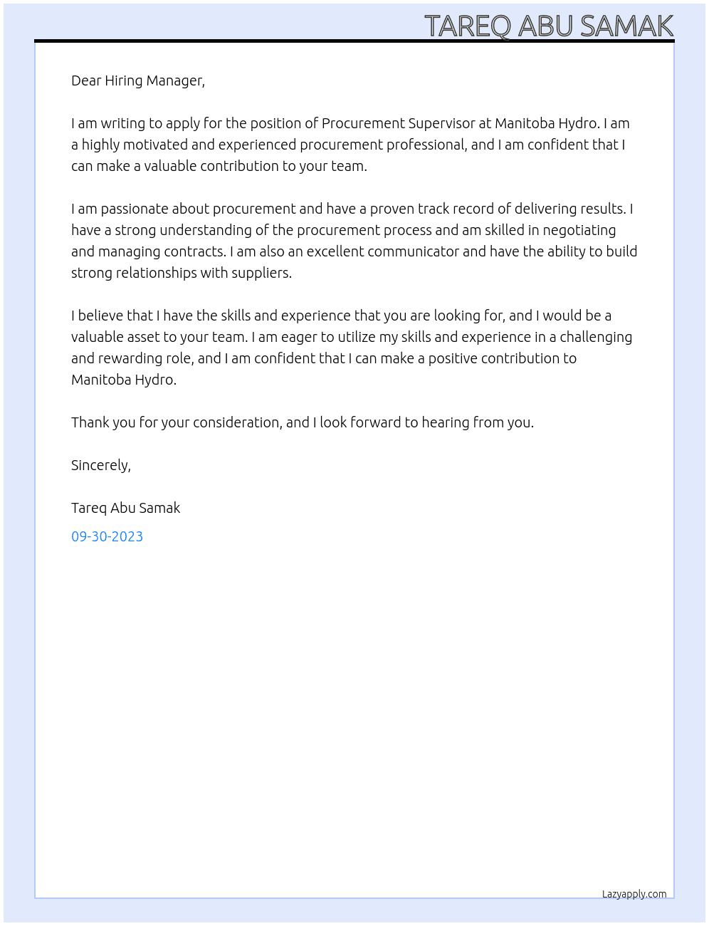 PROCUREMENT SUPERVISOR At Manitoba Hydro Cover Letter