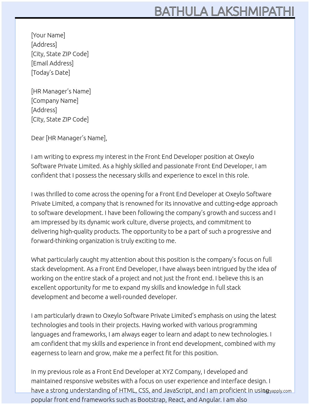 Front end developer At Full Stack Development internship at Oxeylo Software Private Limited Cover Letter