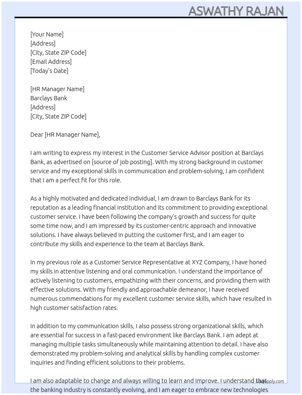 Customer service advisor At Barclays bank Cover Letter