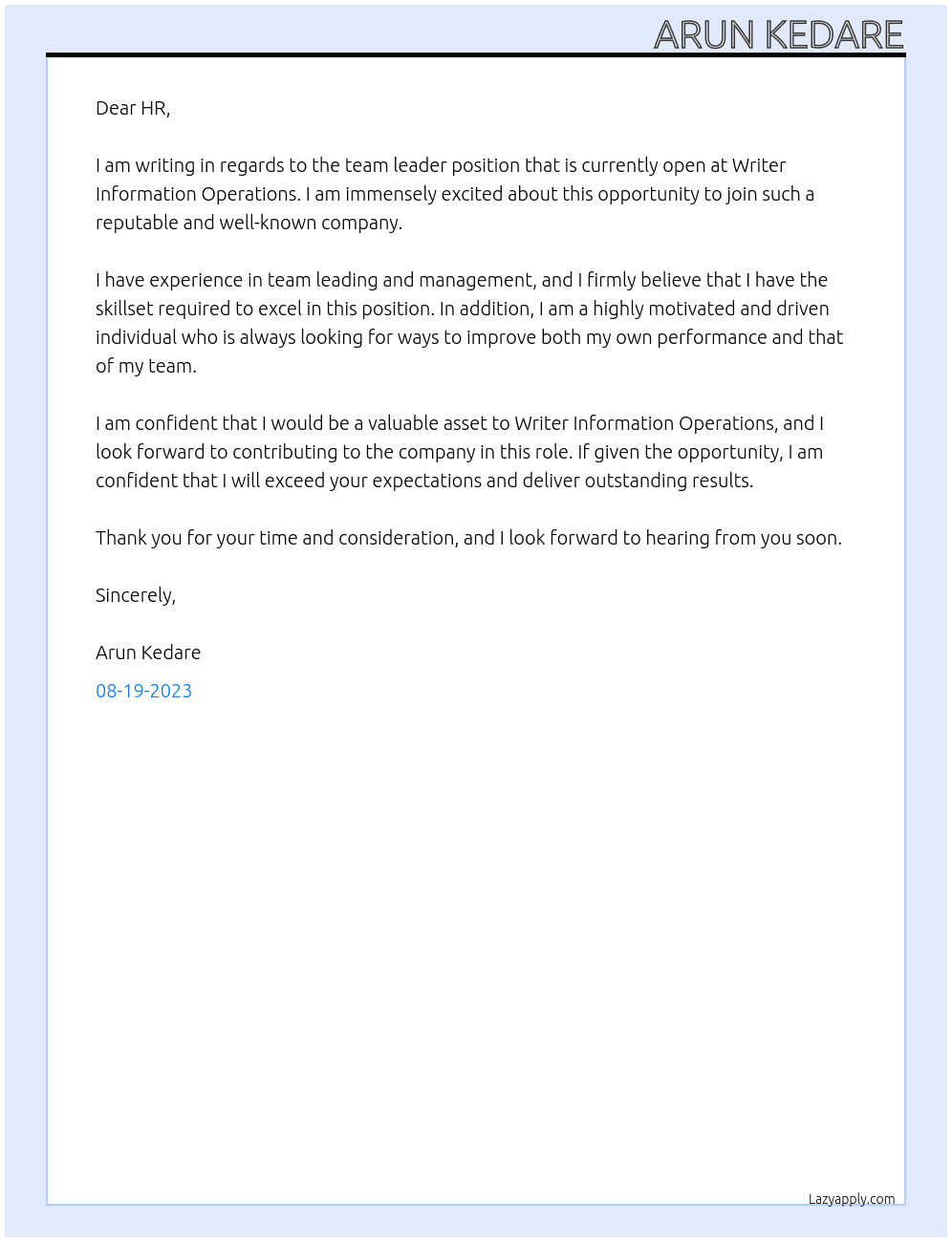 Team leader At Writer information operatonss Cover Letter