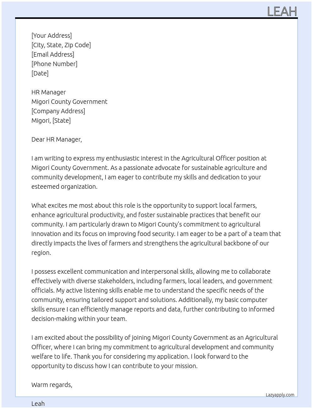 Agricultural officer At Migori county government Cover Letter