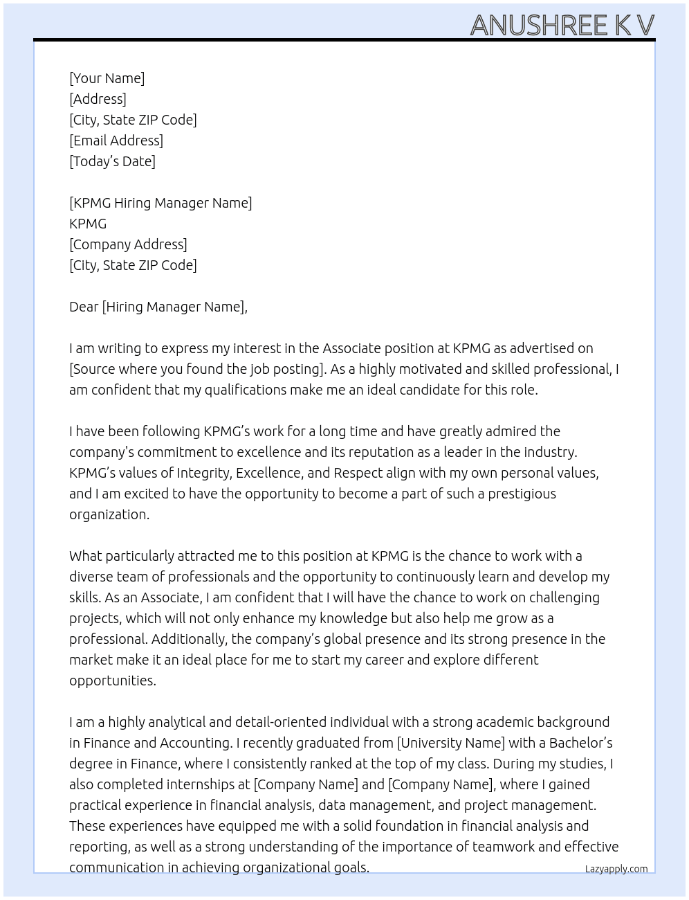Associate  At KPMG  Cover Letter