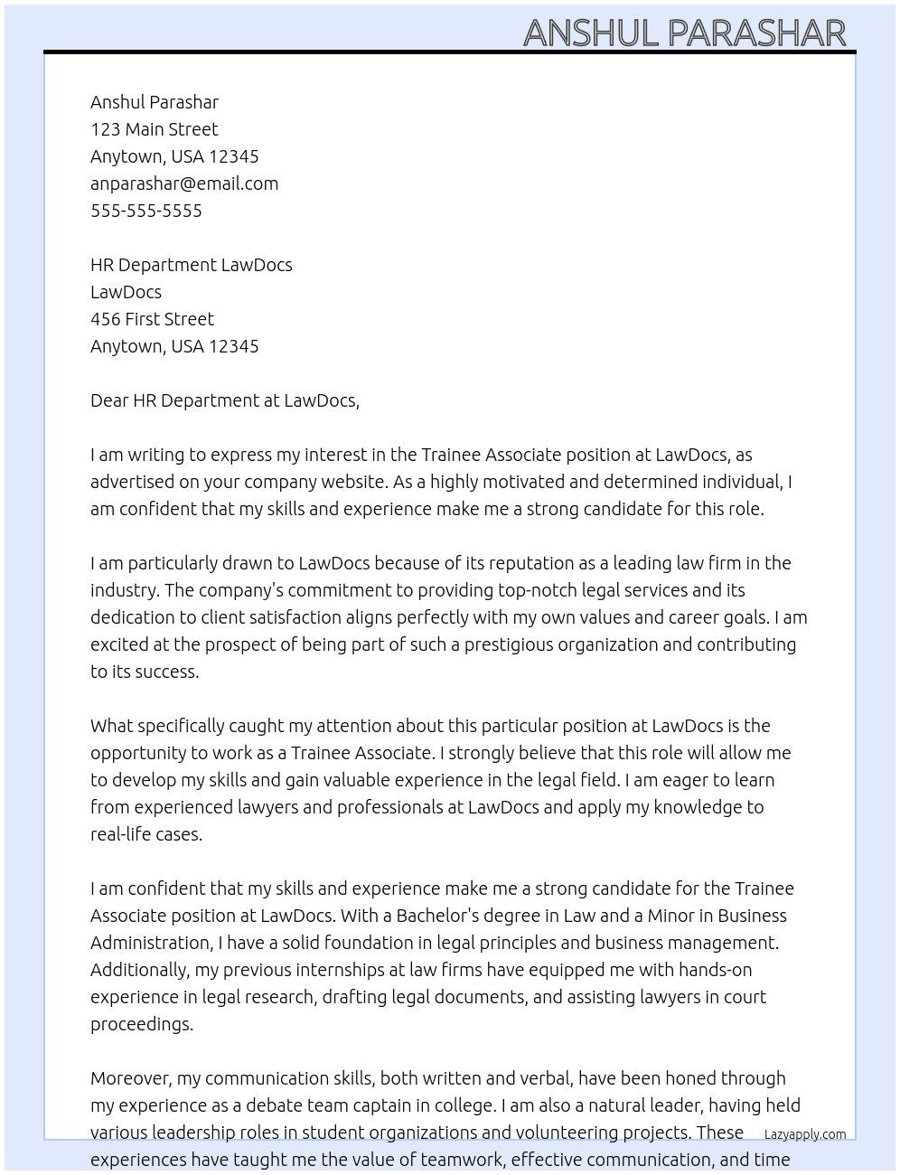 Application for Trainee Associate Position at LawDocs At  LawDocs Cover Letter