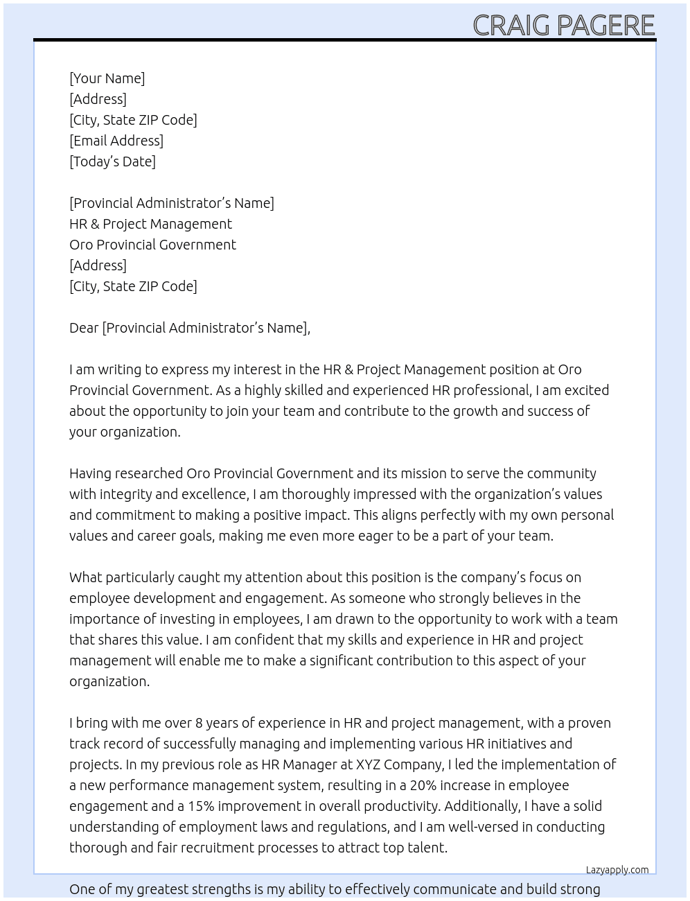 HR & Project Management  At Oro Provincial Government  Cover Letter