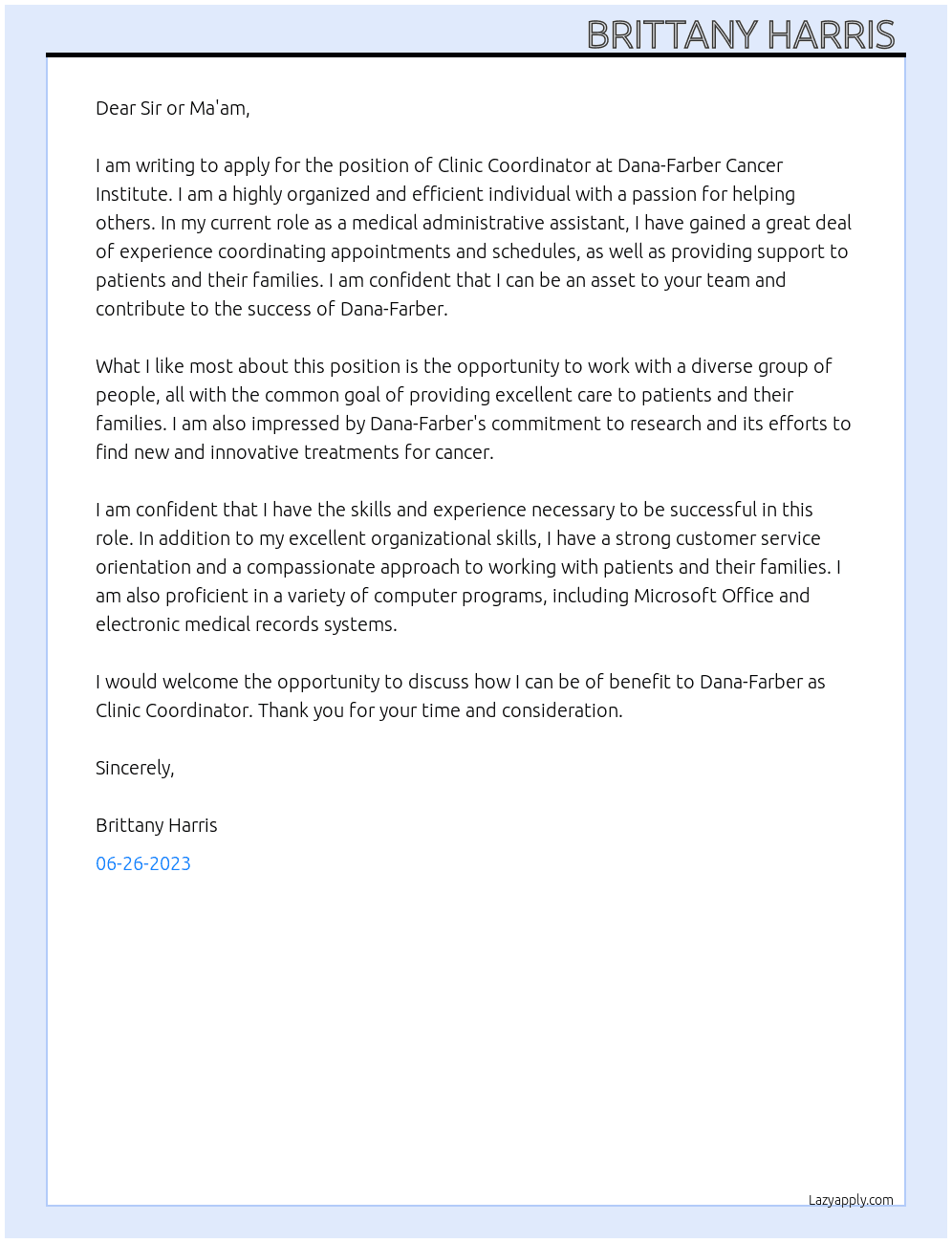 Clinic Coordinator At Dana-Farber Cancer Insitute  Cover Letter