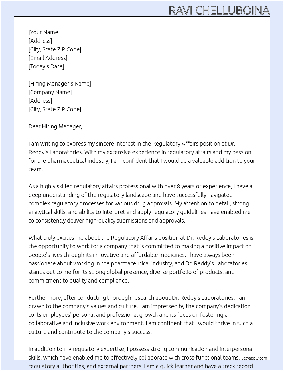 Regulatory affairs At Dr. Reddy's Laboratories Cover Letter