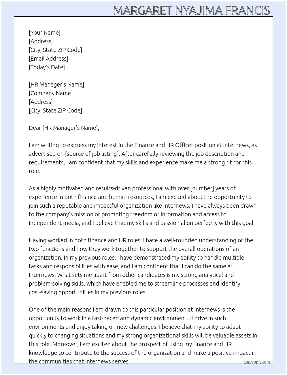 finance and HR officer  At internews Cover Letter