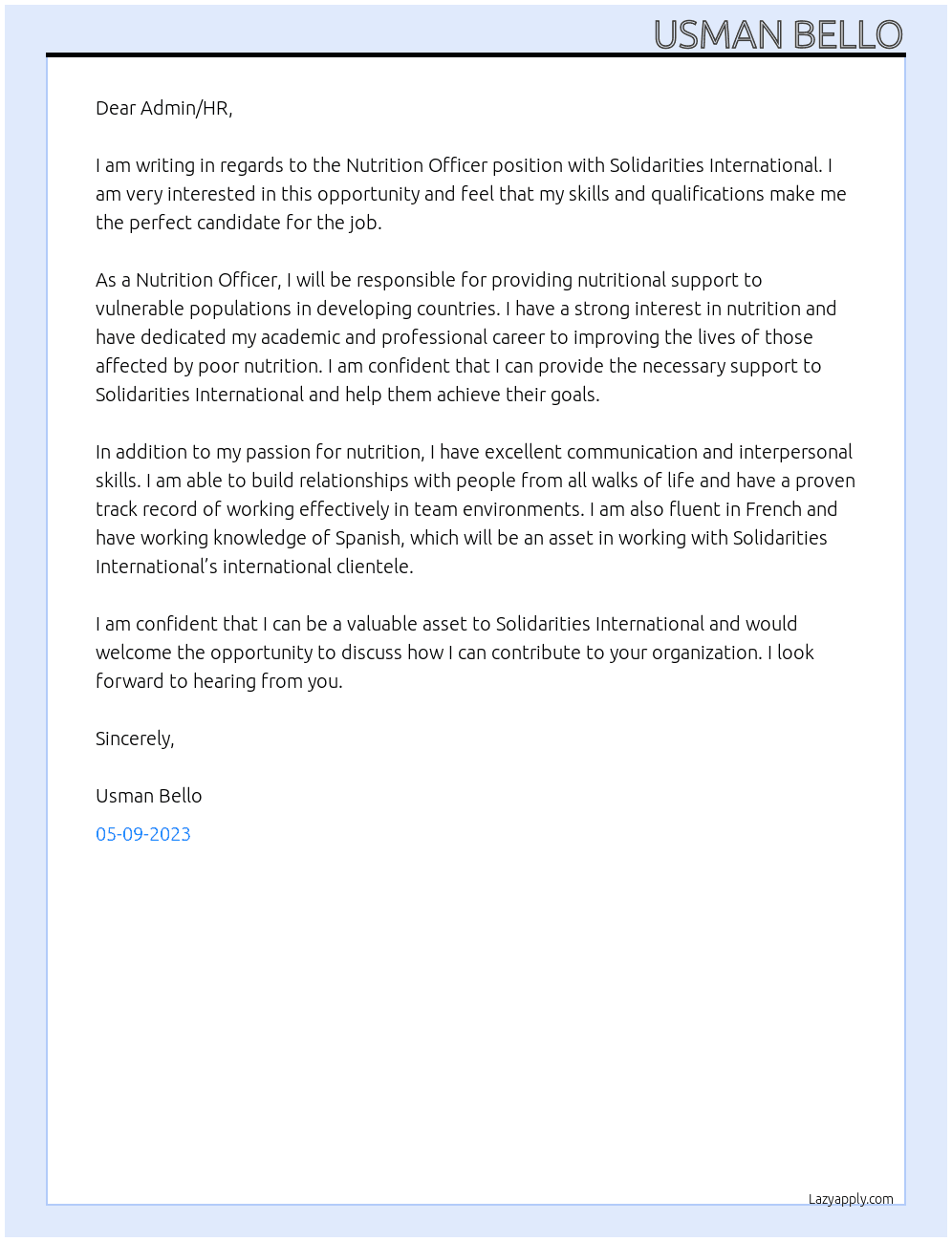 Nutrition Officer At Solidarities international Cover Letter