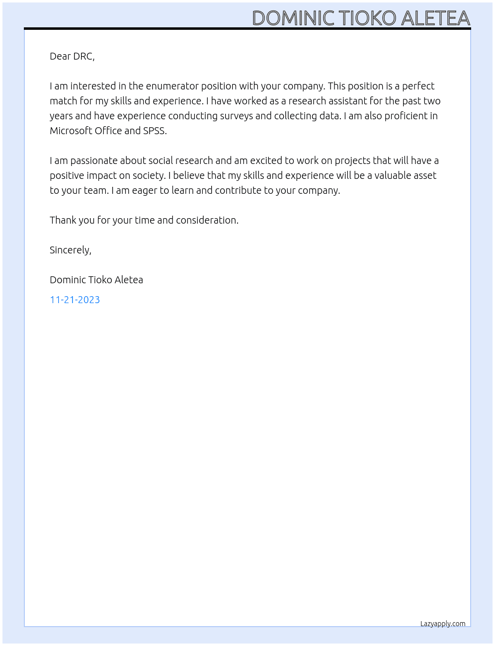 enumerator At DRC Cover Letter