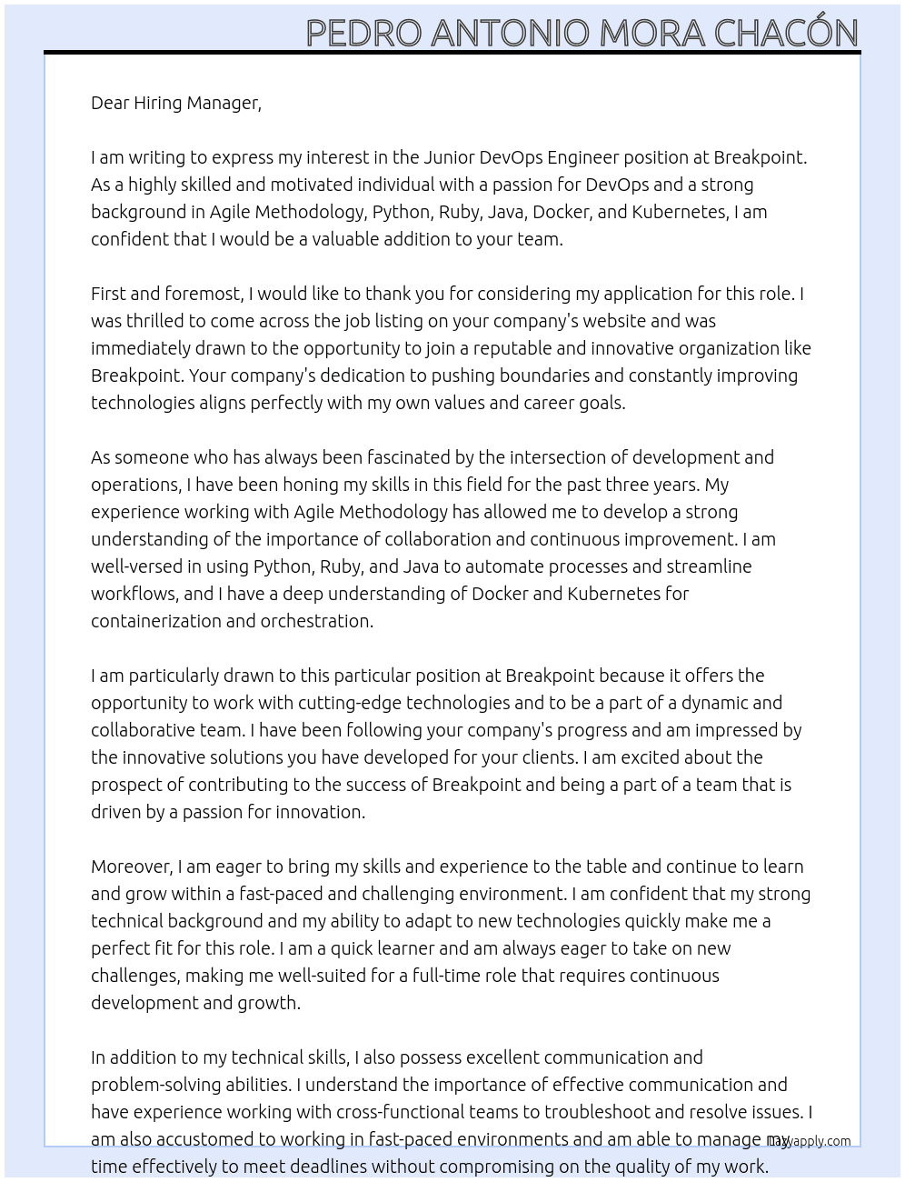 Junior DevOps Engineer At Breakpoint Cover Letter