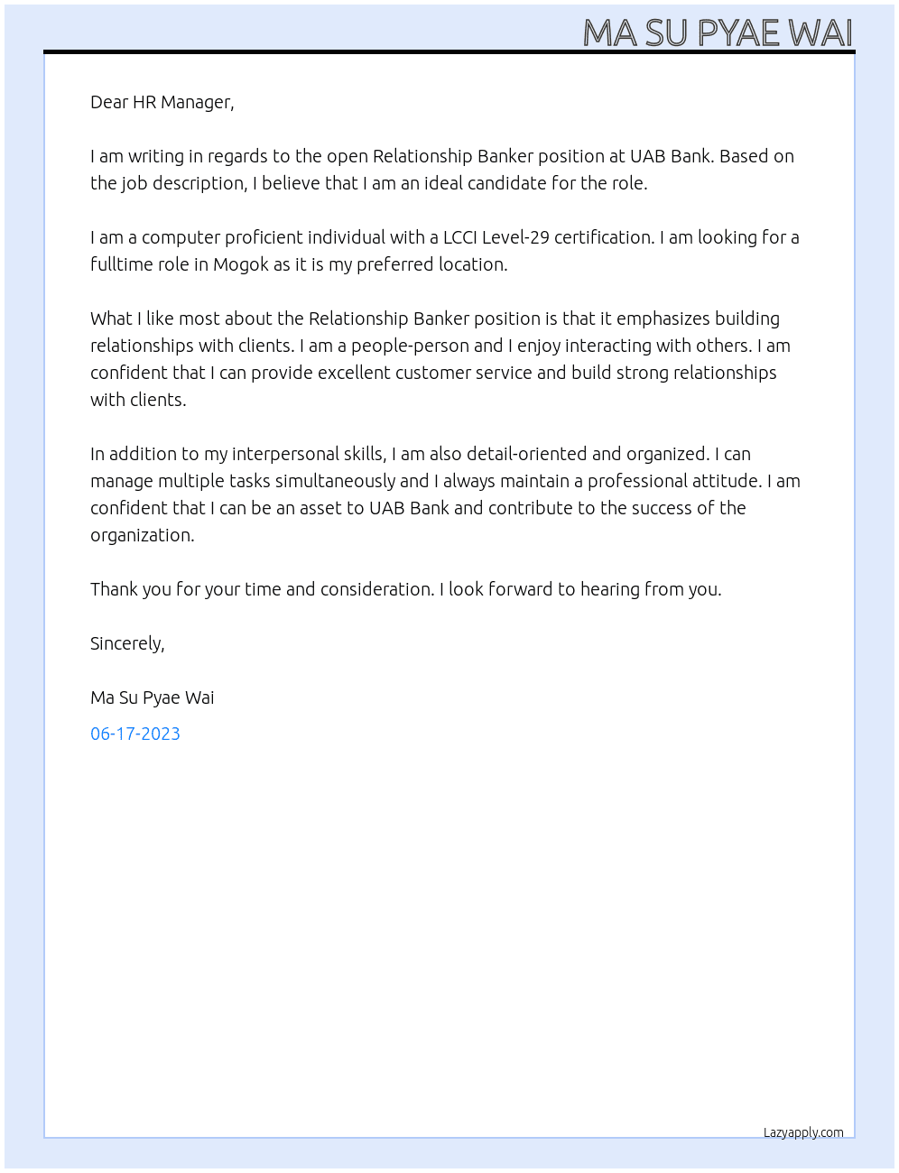Relationship Banker At UAB Bank Cover Letter