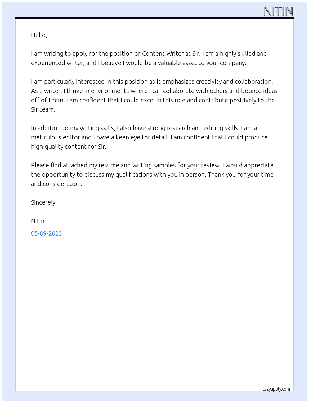 Content writing  At Sir Cover Letter