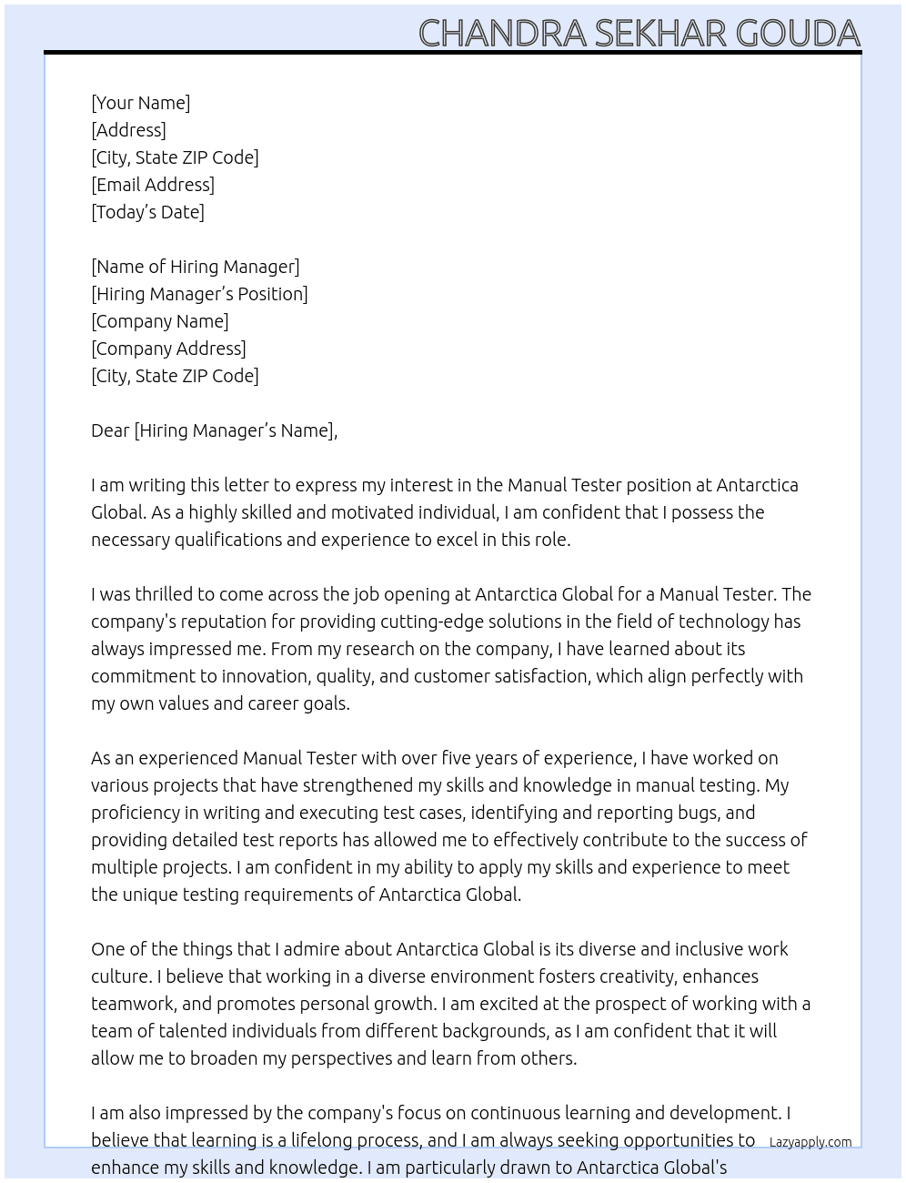Manual tester At Antarctica Global  Cover Letter