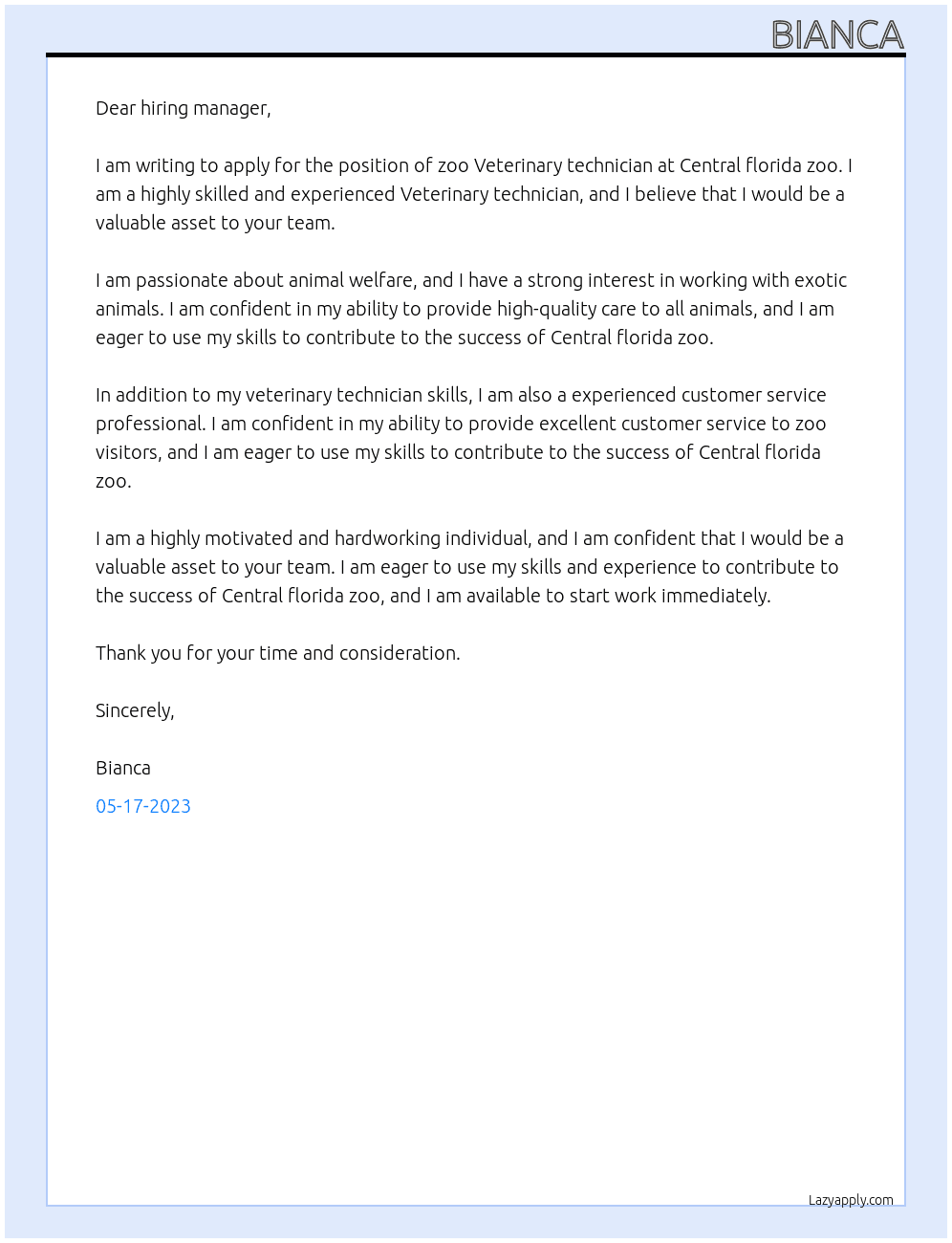 zoo Veterinary technician At Central florida zoo Cover Letter