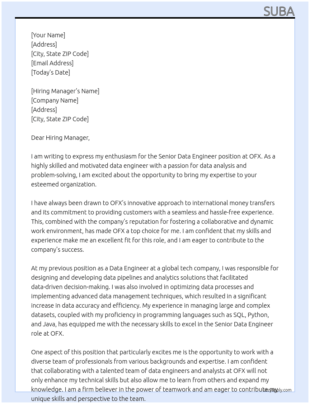 senior data engineer At OFX Cover Letter