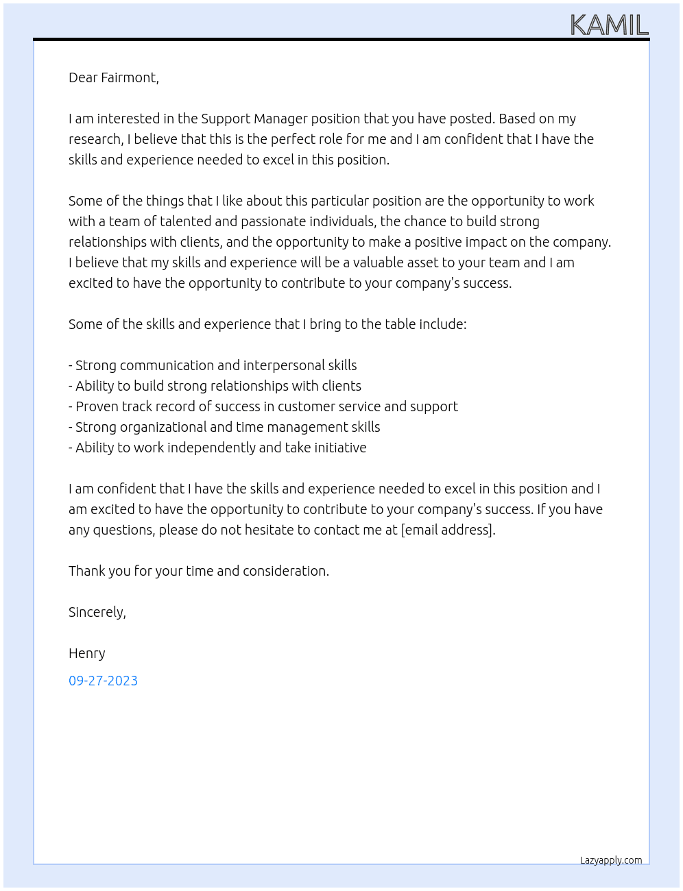 Support Manager At Fairmont Cover Letter