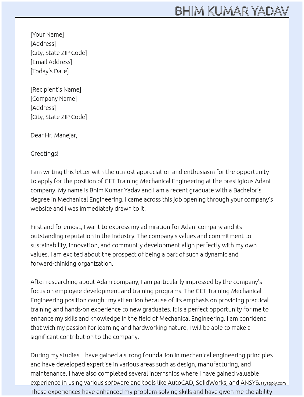 Cover letter for get training mechanical engineering - LazyApply