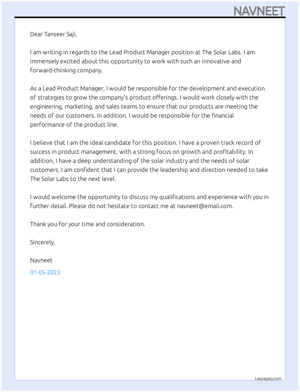 Lead Product Manager  At The solar labs Cover Letter