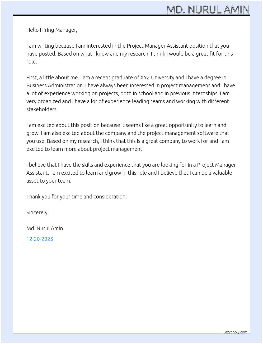 Project Manager Assistant At Project Manager Assistant Cover Letter