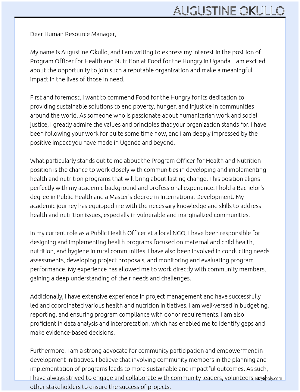 Program officer Health and Nutrition At Food for the hungry Cover Letter