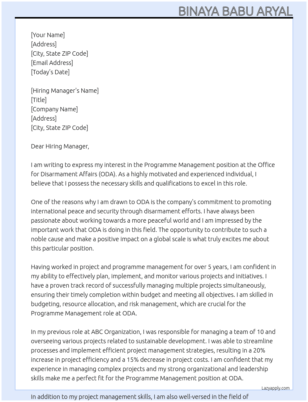 Programme Management At Office for Disarmament Affiars  Cover Letter