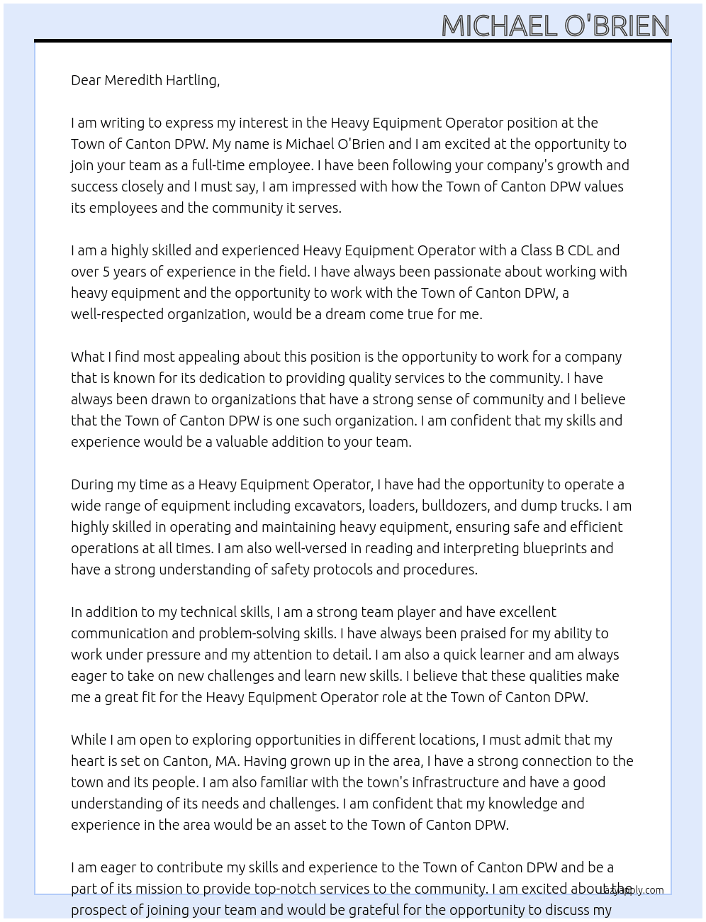 Heavy Equipment Operator At Town of Canton DPW Cover Letter