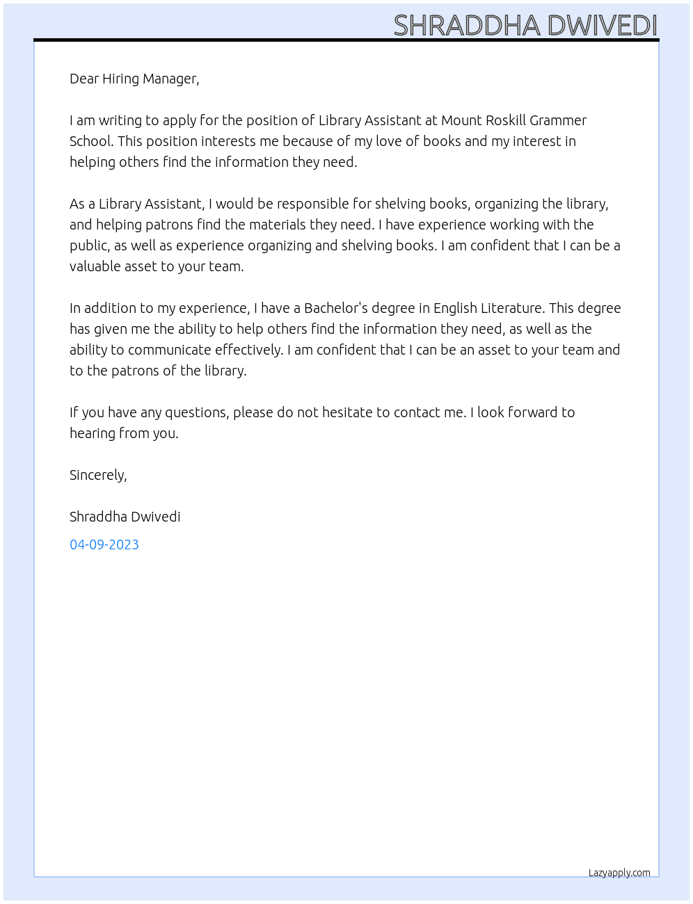 library assistant At mount roskill grammer school Cover Letter