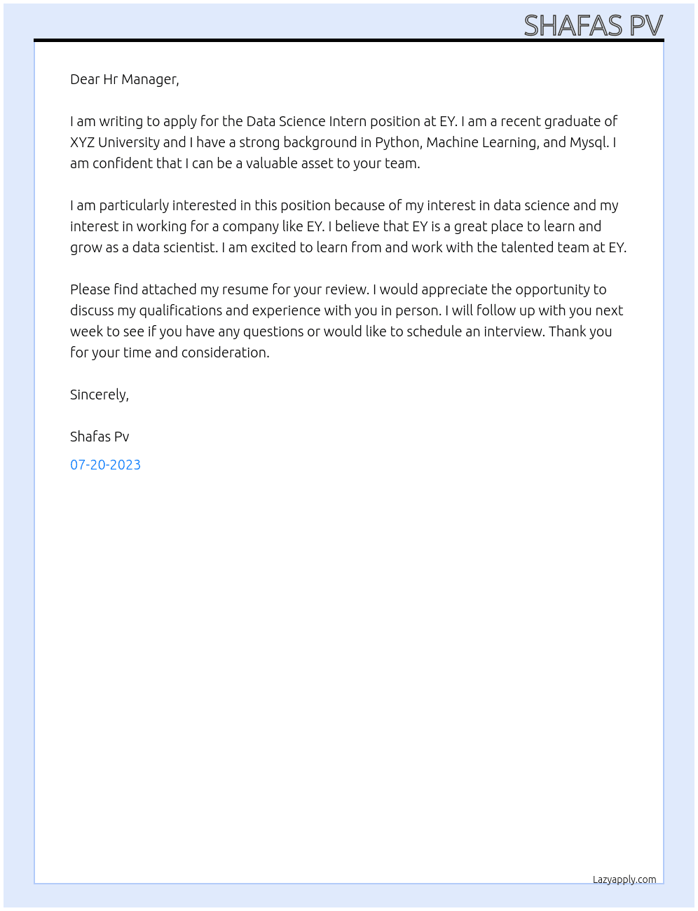 Data Science Intern At EY Cover Letter