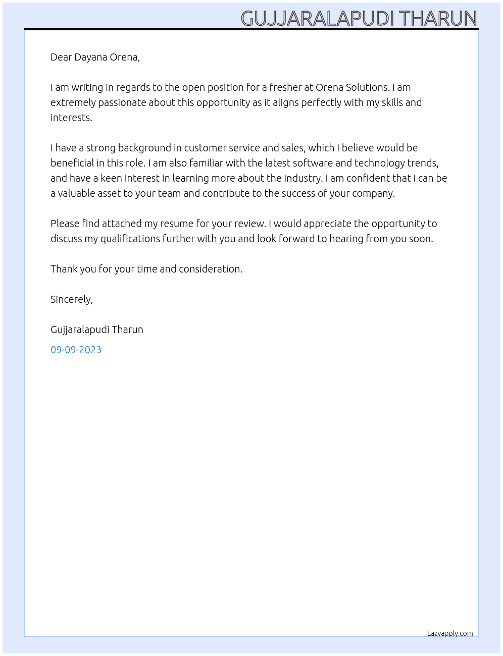 fresher At orena solutions Cover Letter