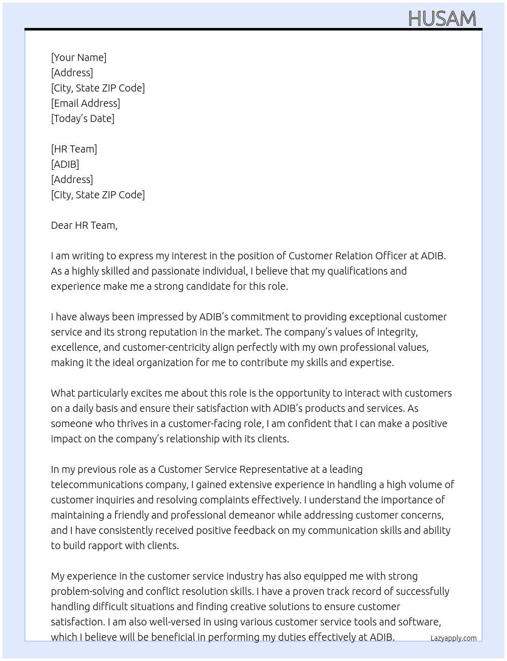 Customer relation officer  At ADIB Cover Letter