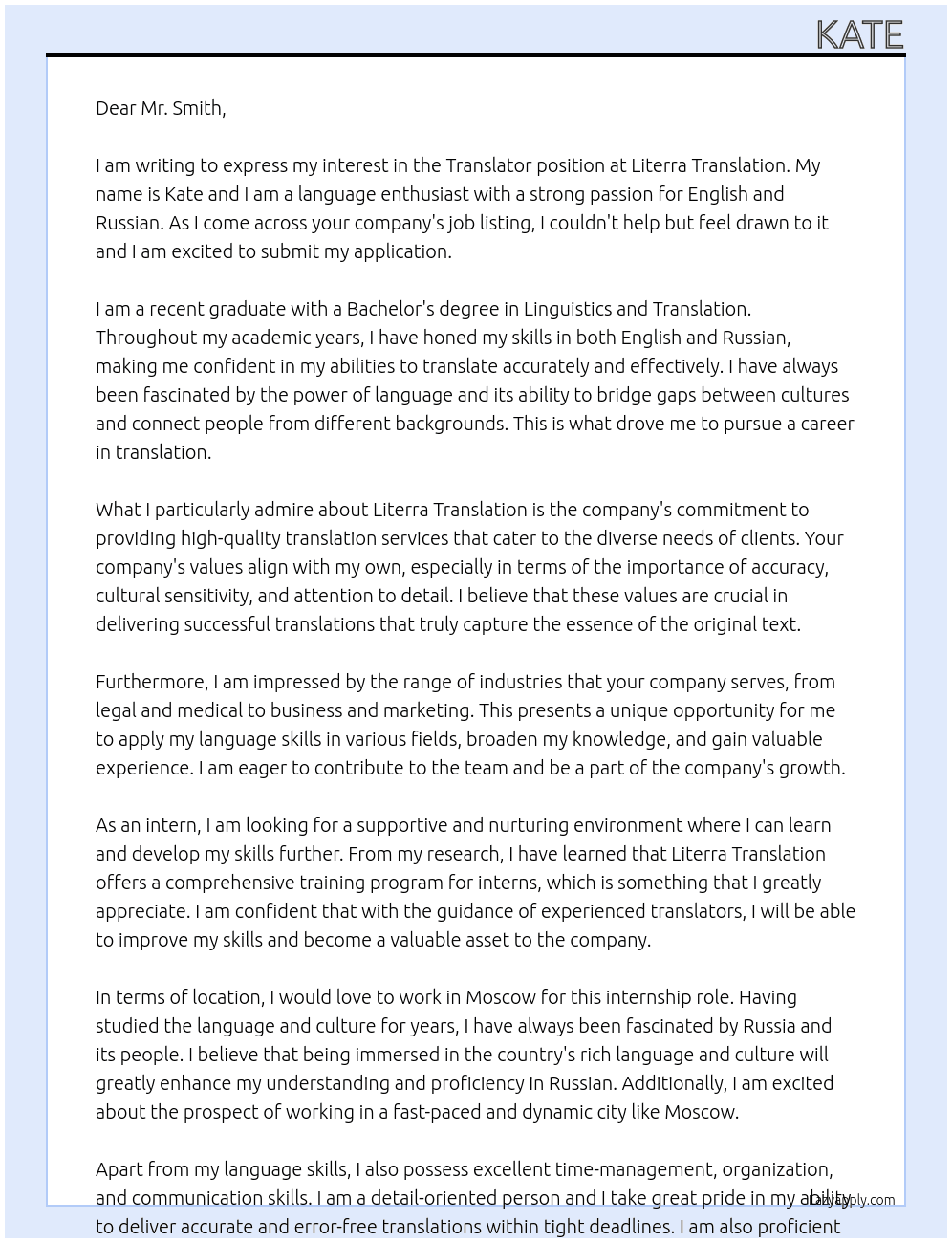 Translator  At Literra Translation Cover Letter