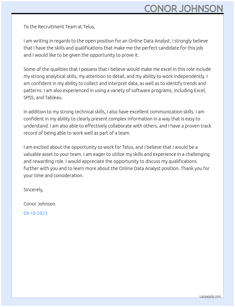 Online Data Analyst At Telus Cover Letter