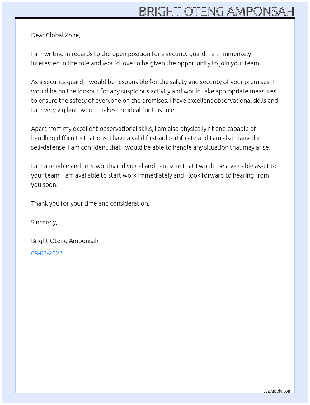 security guard At 	Global zone Cover Letter