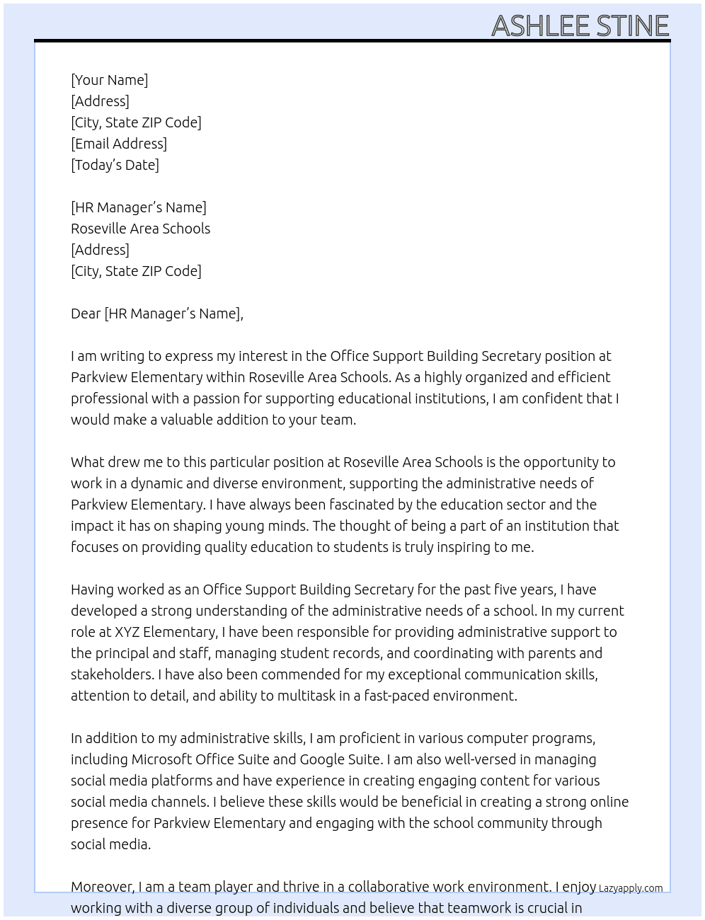 Office Support Building Secretary, Parkview Elementary At Roseville Area Schools Cover Letter
