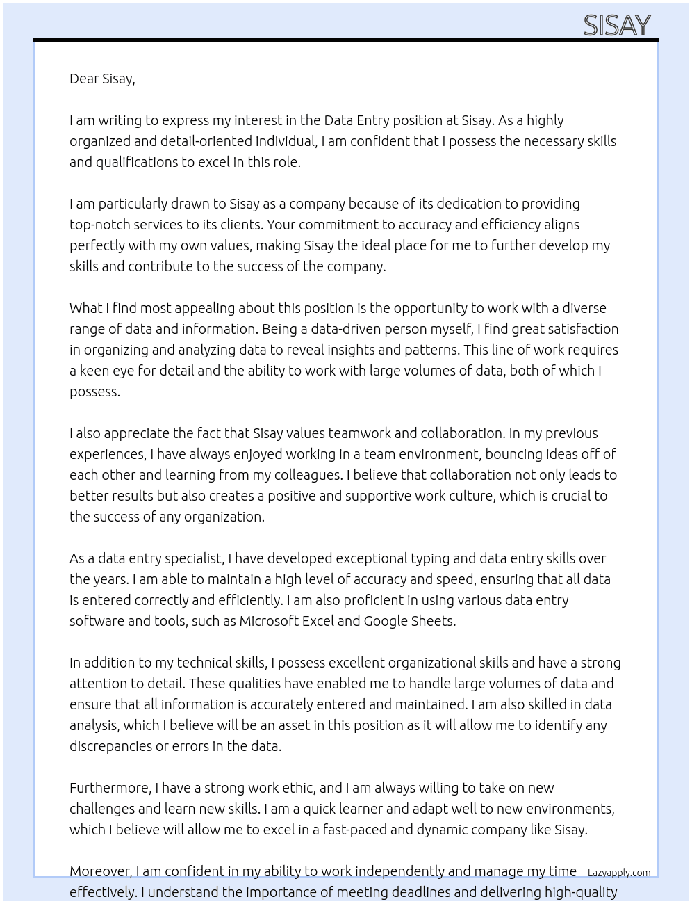 data entry  At sisay  Cover Letter