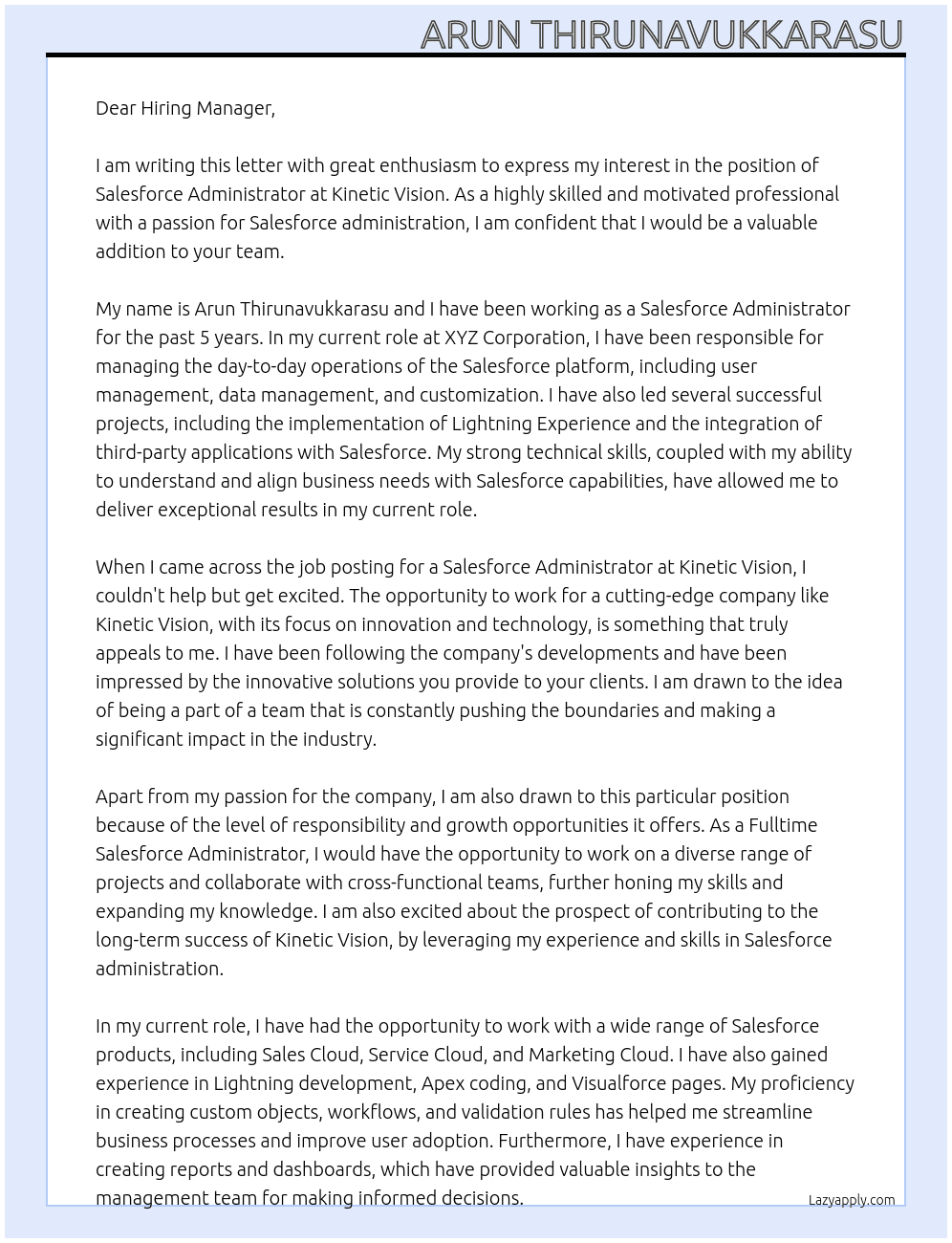 Salesforce Administrastor At Kinetic Vision Cover Letter