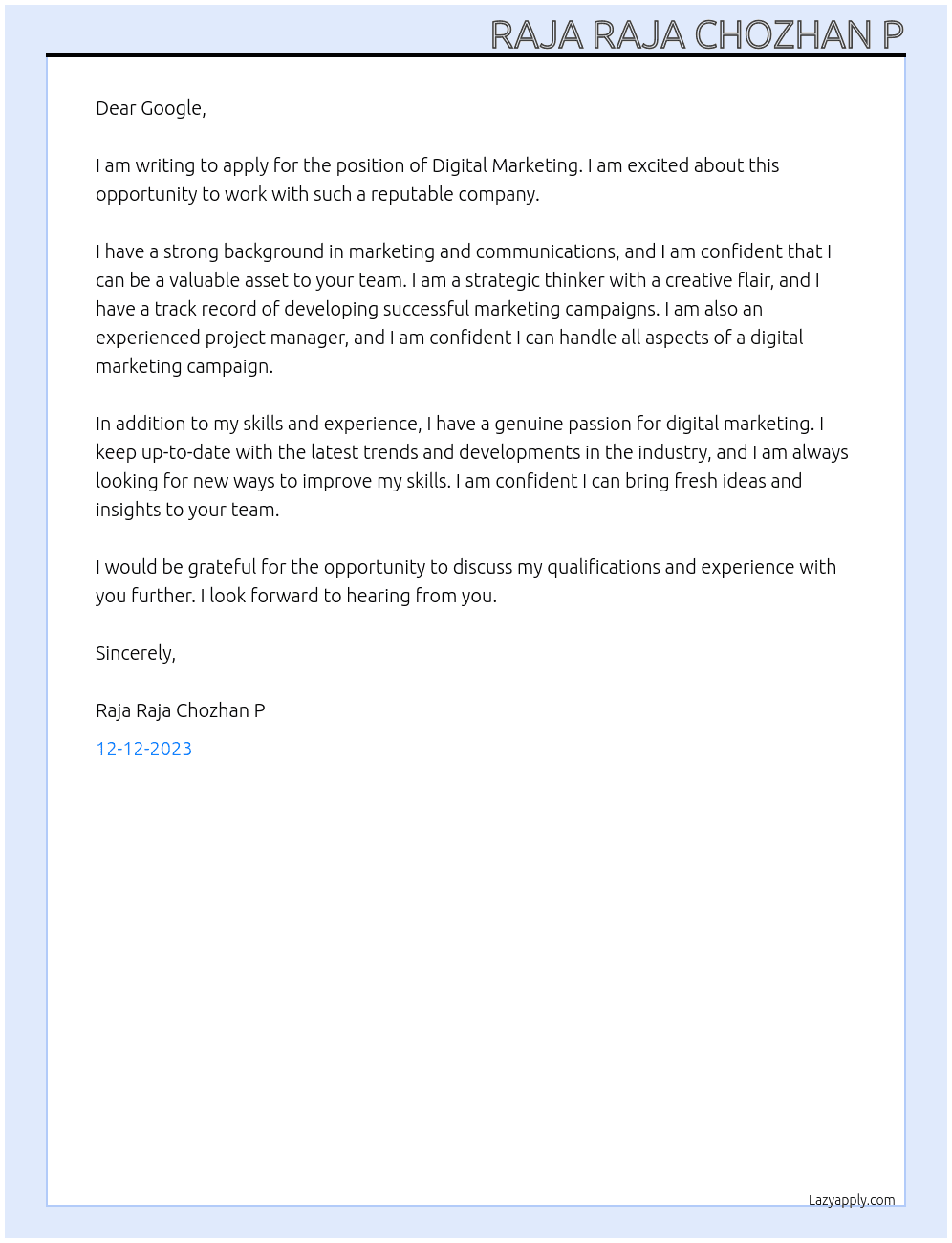 Digital marketing  At Google  Cover Letter