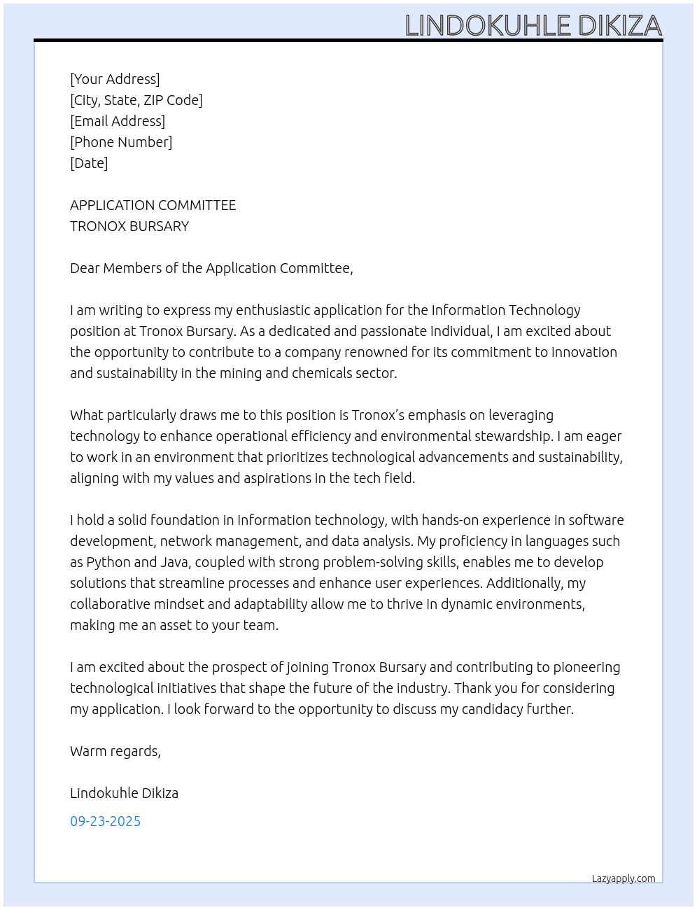 INFORMATION TECHNOLOGY At TRONOX BURSARY Cover Letter