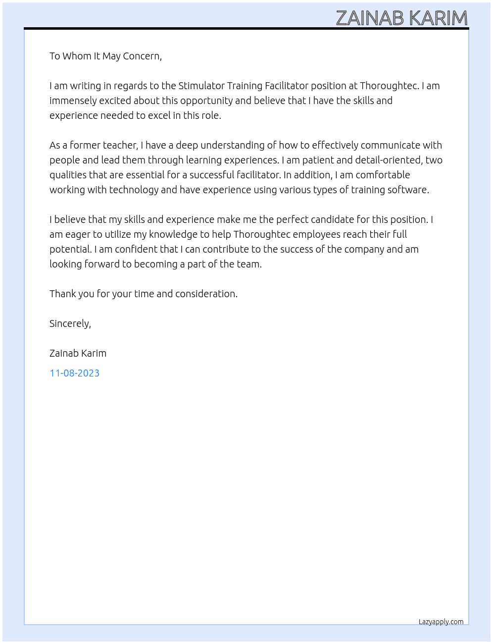 Stimulator Training Facilotator  At Thoroughtec  Cover Letter
