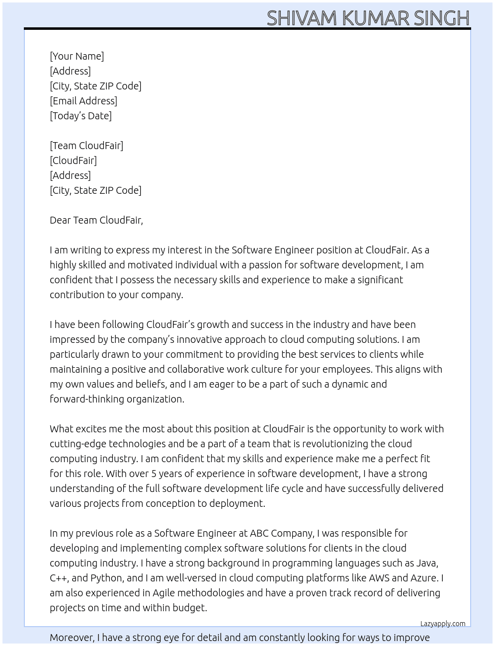 software Engineer At CloudFair Cover Letter