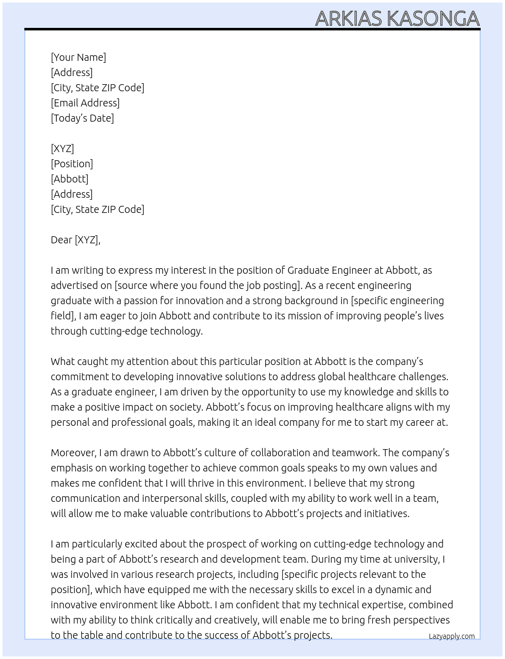 Graduate engineer At Abbott Cover Letter