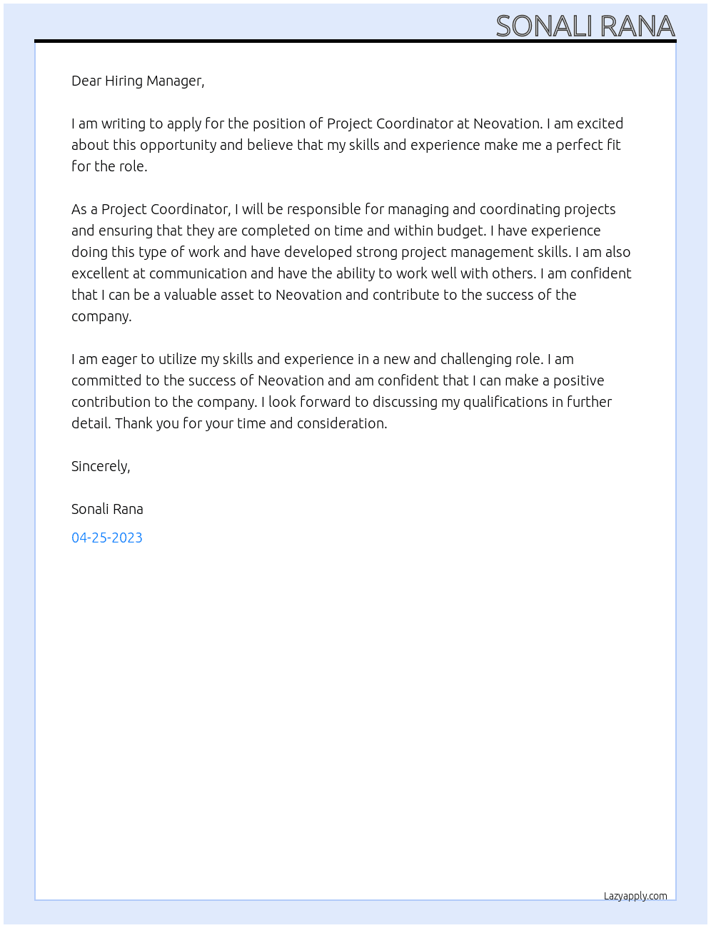 Project Coordinator At Neovation Cover Letter