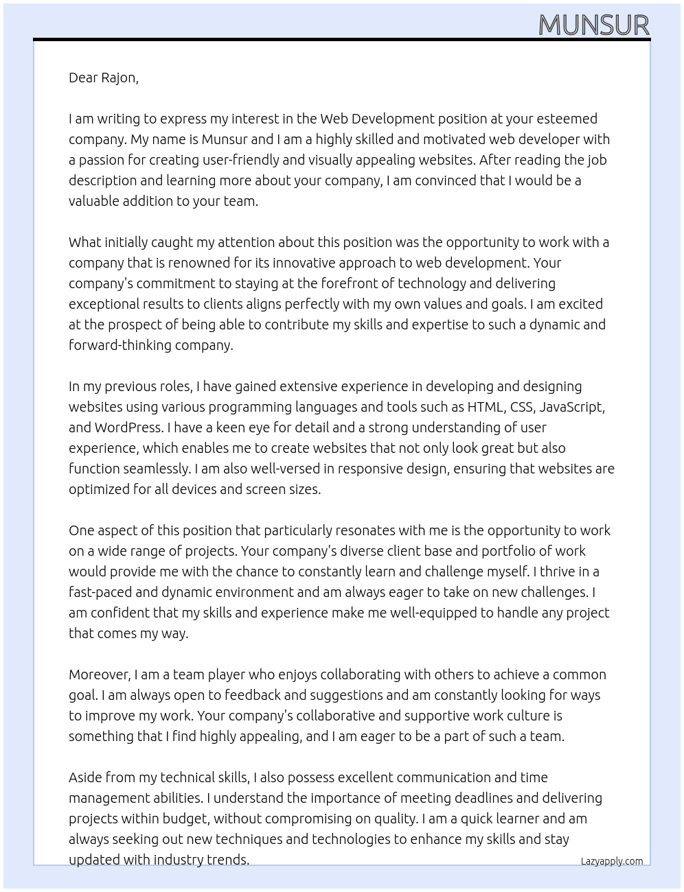 Web development  At Web development  Cover Letter