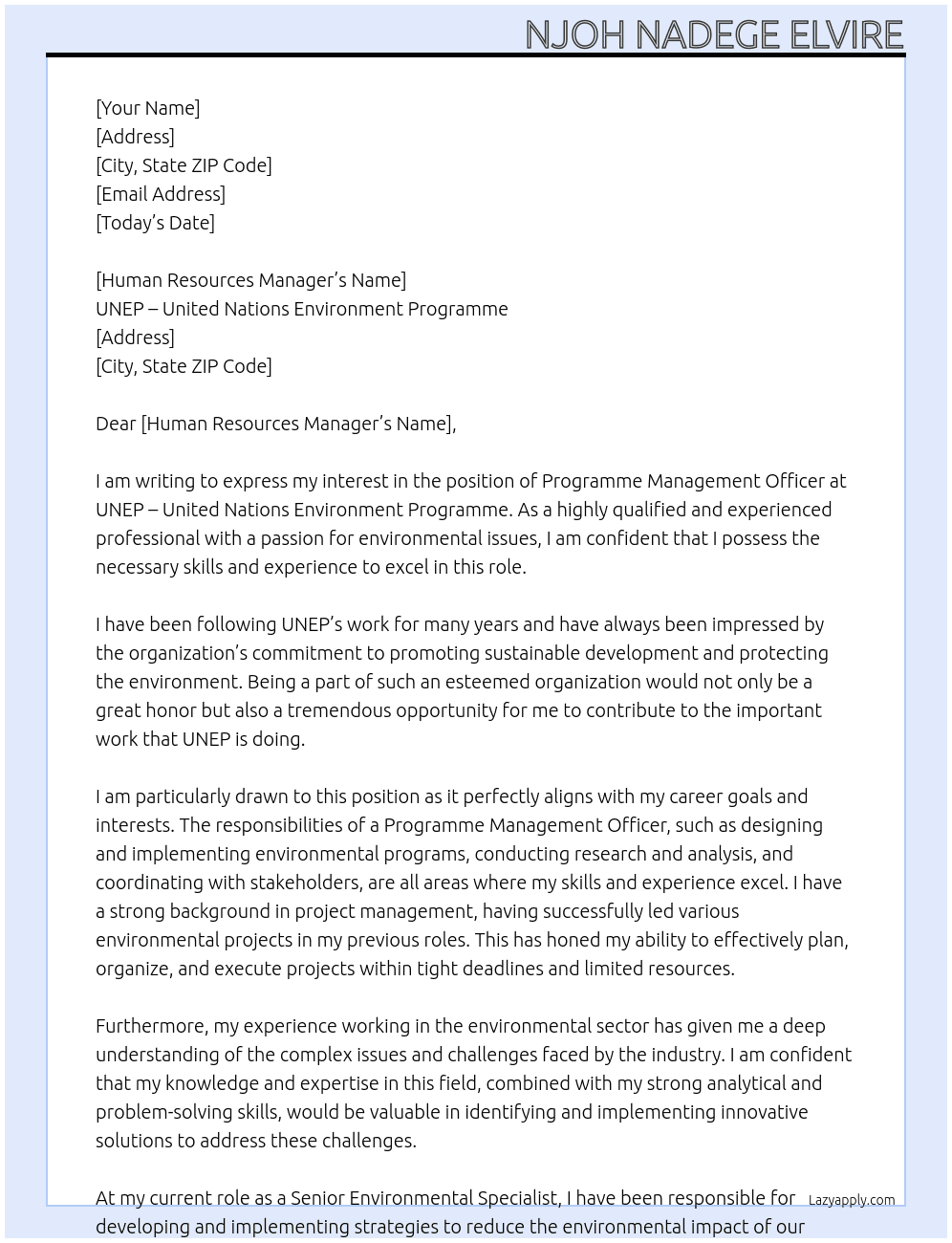 PROGRAMME MANAGEMENT OFFICER At UNEP - United Nations Environment Programme Cover Letter