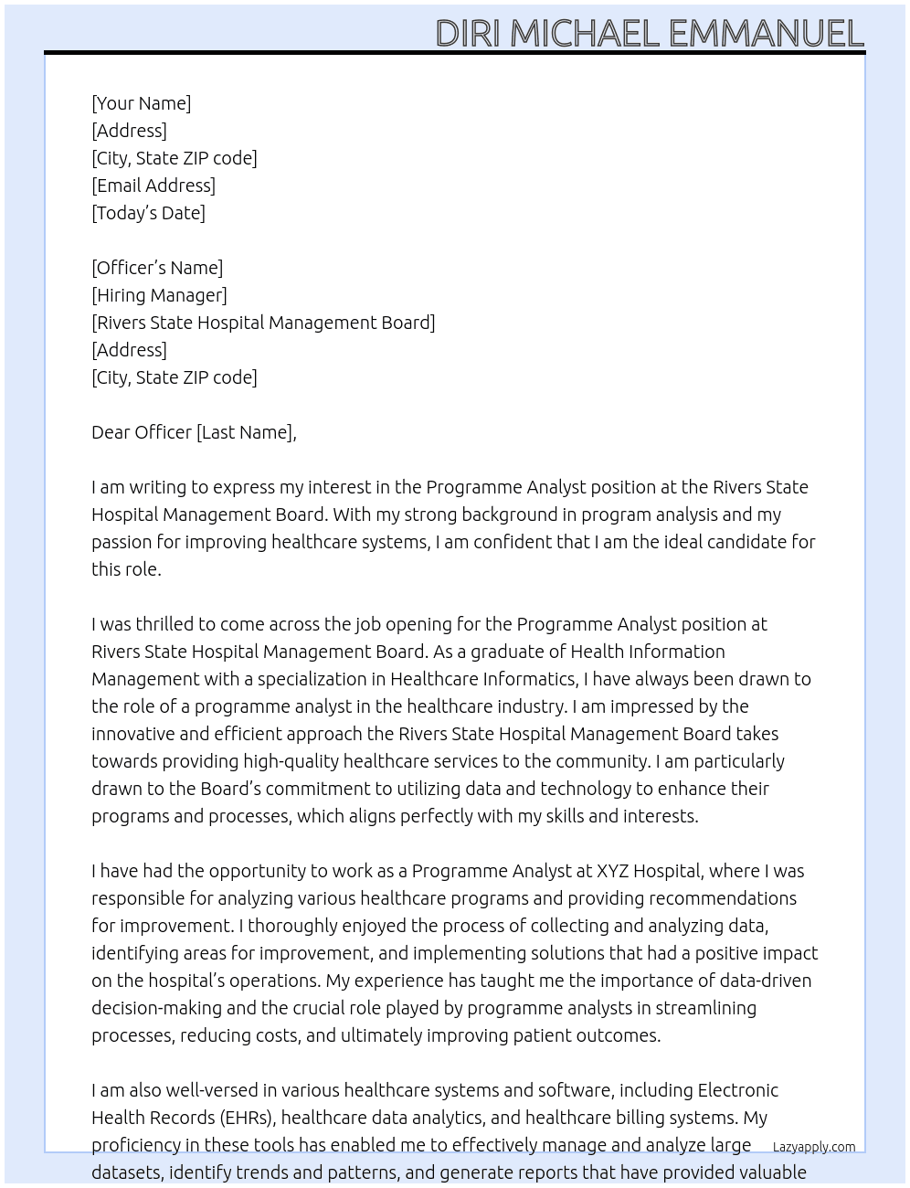 Programme analyst position At Rivers State hospital management board Cover Letter