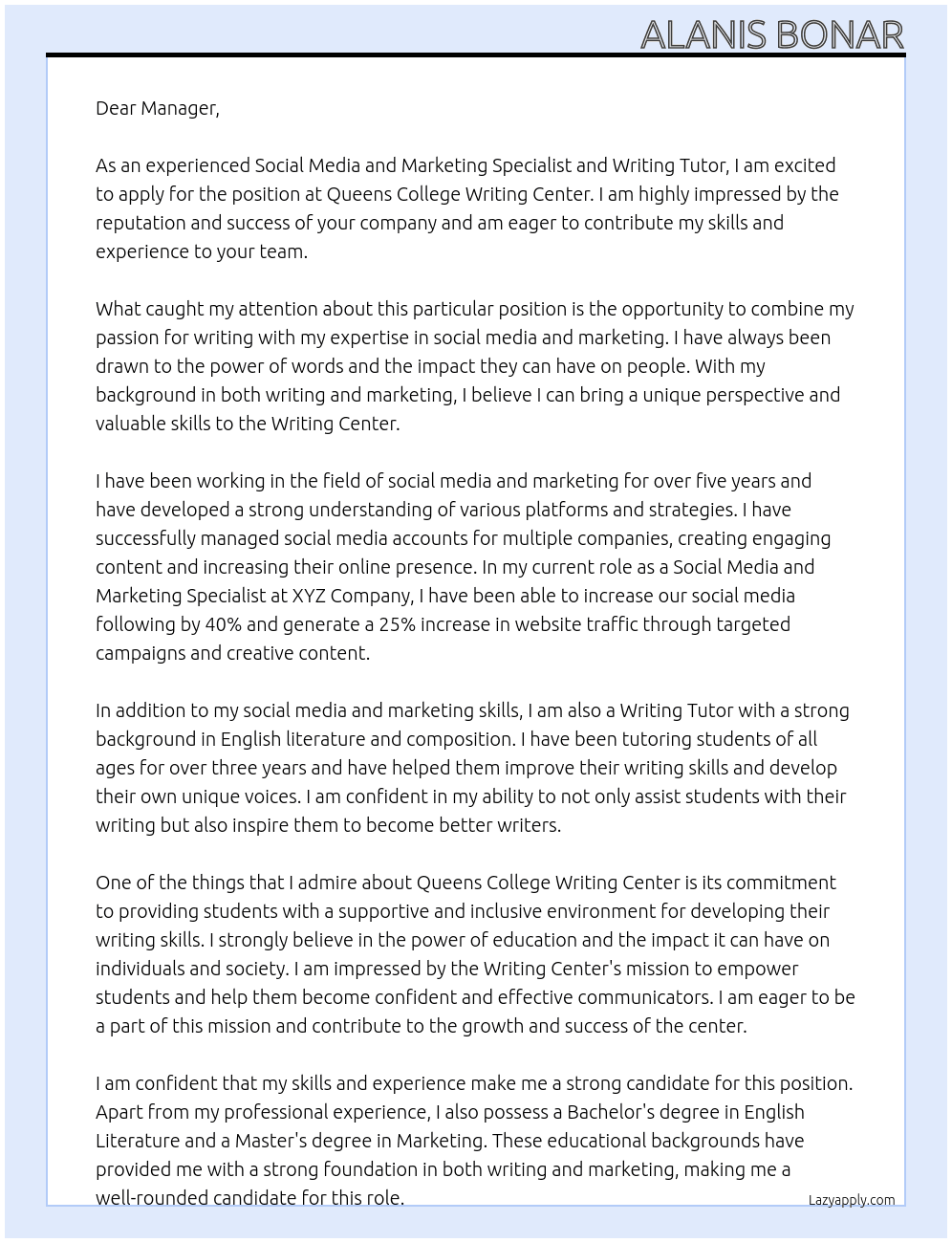 Social Media & Marketing Specialist and Writing Tutor At Queens College Writing Center Cover Letter