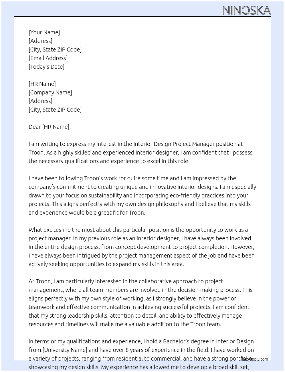 Interior Design Project Manager At Troon Cover Letter