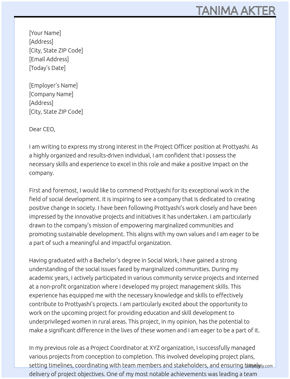 Project officer At Prottyashi Cover Letter