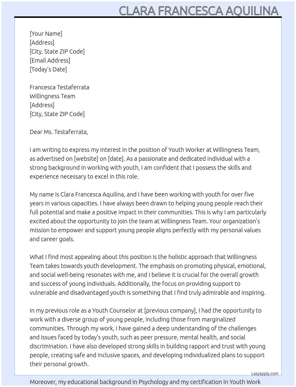 Youth Worker  At Willingness Team  Cover Letter
